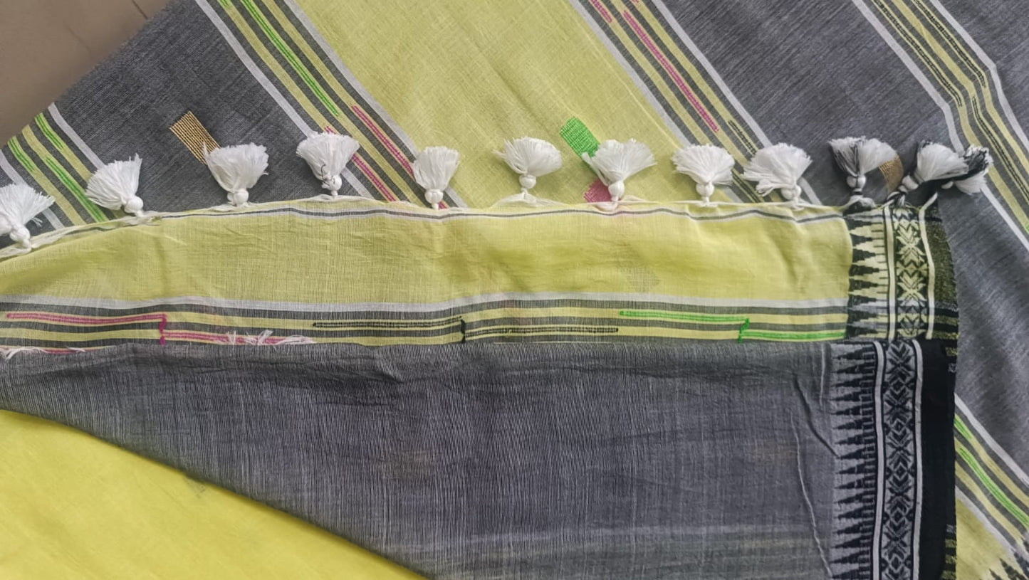 Soft Handloom Cotton with Temple Border - Pastel Yellow