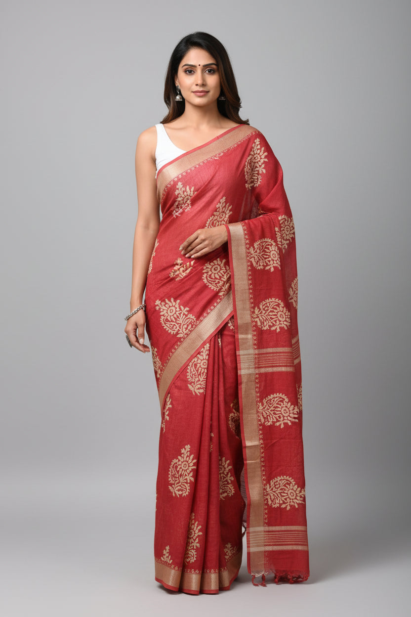 Linen Cotton Hand Block Printed Saree - Red