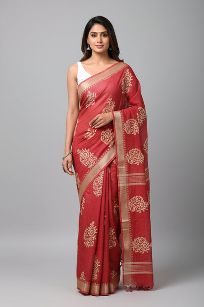 Linen Cotton Hand Block Printed Saree - Red