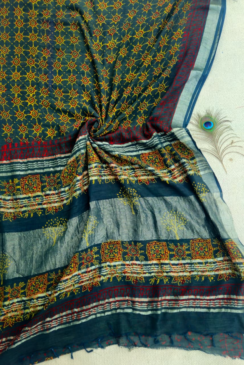 Linen Cotton Hand Block Printed Saree - Dark Green