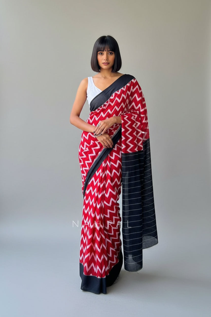 Pure Mulmul Cotton Saree - Hand Block Printed - Red Waves