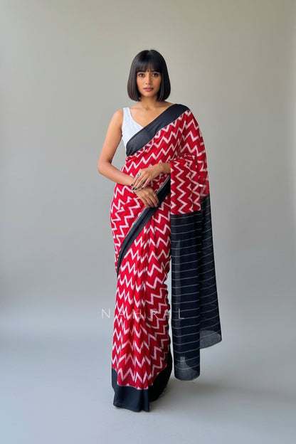 Pure Mulmul Cotton Saree - Hand Block Printed - Red Waves