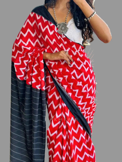 Pure Mulmul Cotton Saree - Hand Block Printed - Red Waves