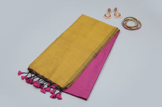 Half and Half Handloom Saree - Dark Magenta with Dark Mustard Pallu