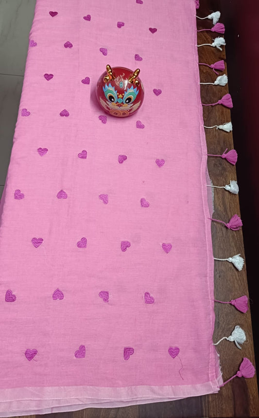 Pure Mulmul Cotton Saree with Embroidered Hearts - Pink