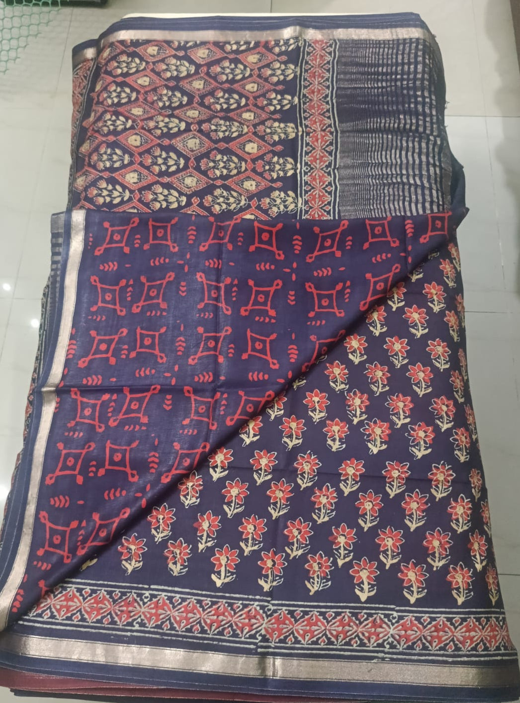 Art Silk Crepe Naphthol Block Print Saree - Deep Blue