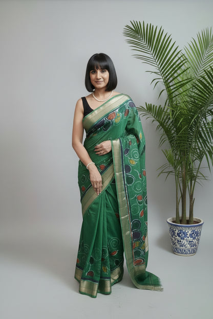 Maheshwari Batik Hand Print Saree - Green