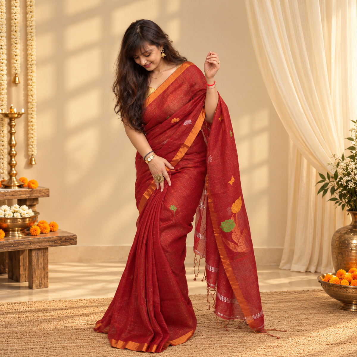 Red Floral Linen Tissue Handloom Saree