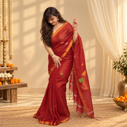 Red Floral Linen Tissue Handloom Saree