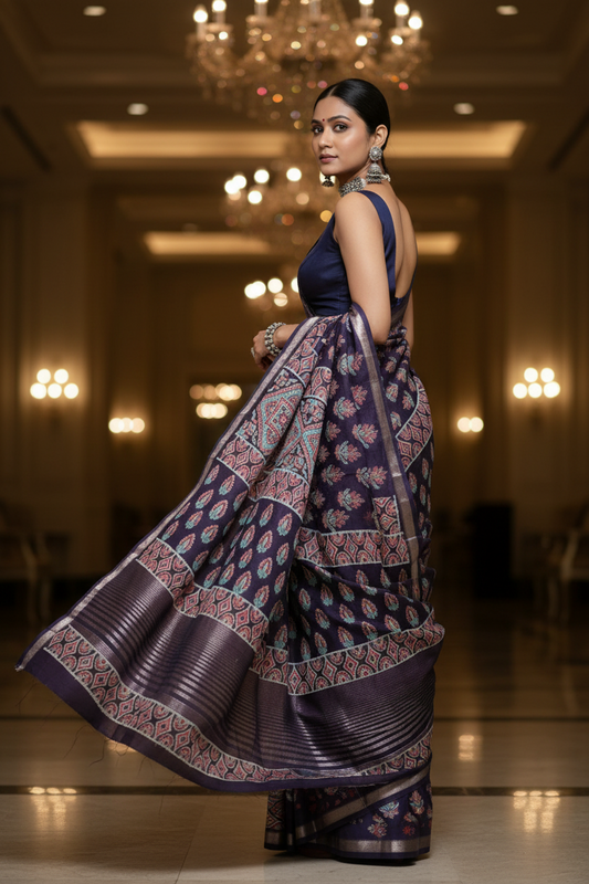 Art Silk Crepe Naphthol Block Print Saree -  Deep Blue