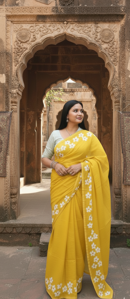 Pure Mulmul Cotton Hand-painted Saree - Yellow