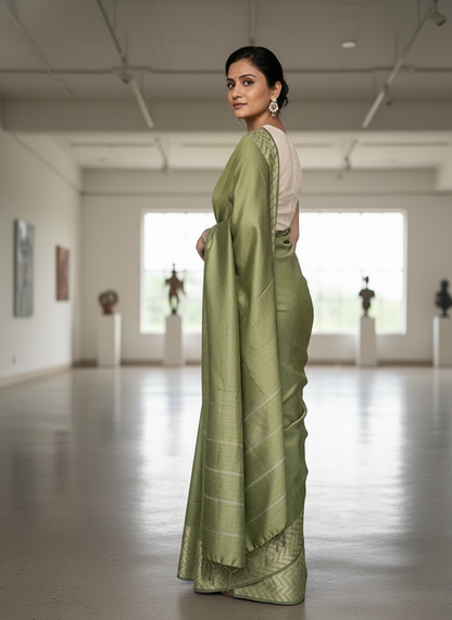Cotton Silk Olive Saree with Zig Zag Border