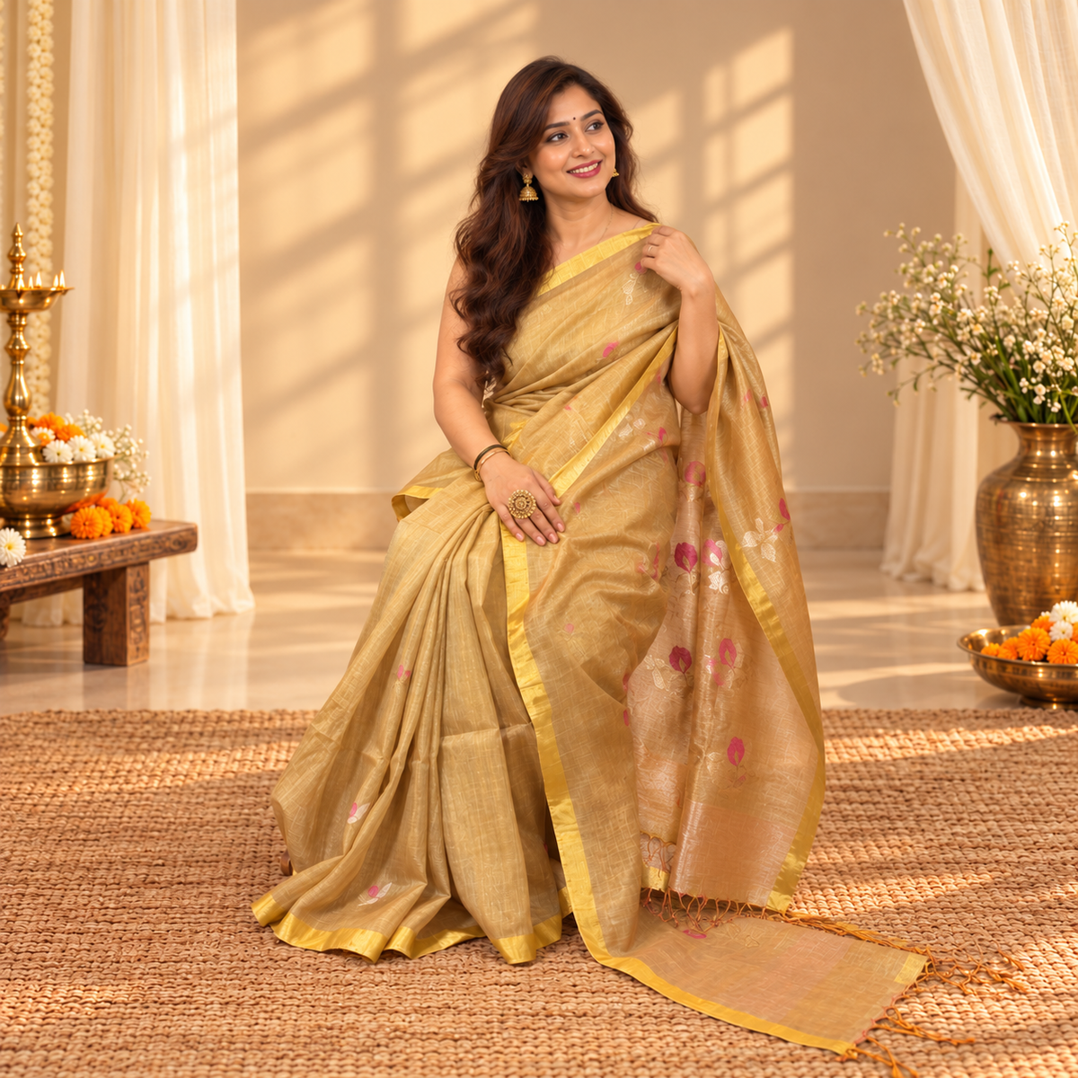 Golden Linen Tissue Handloom Saree - Tulip Motifs