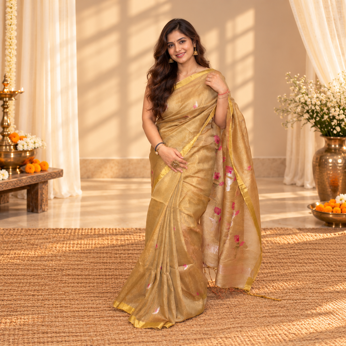 Golden Linen Tissue Handloom Saree - Tulip Motifs