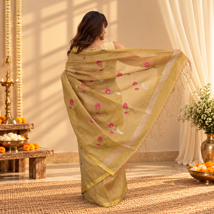 Golden Linen Tissue Handloom Saree - Tulip Motifs