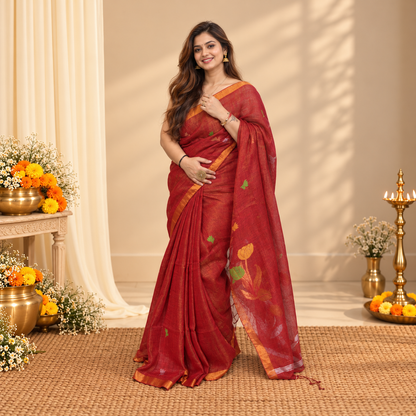 Red Floral Linen Tissue Handloom Saree