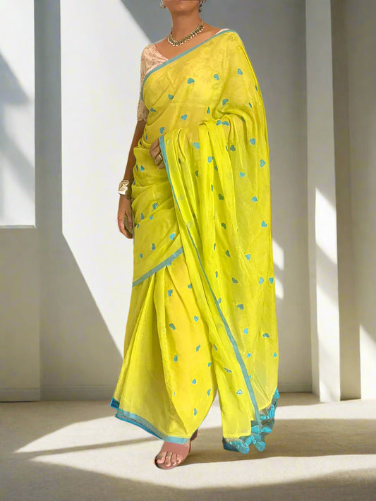 Pure Mulmul Cotton Saree with Embroidered Hearts - Green