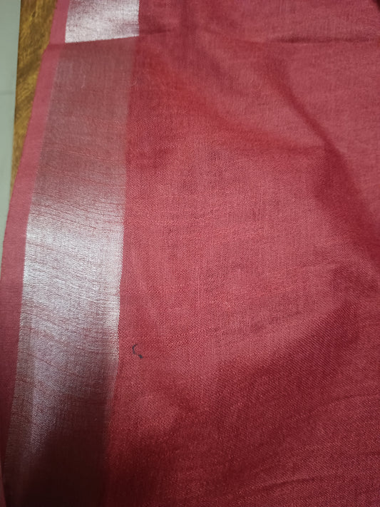 Art Linen Solid Dyed Saree with Silver Zari Border - Red