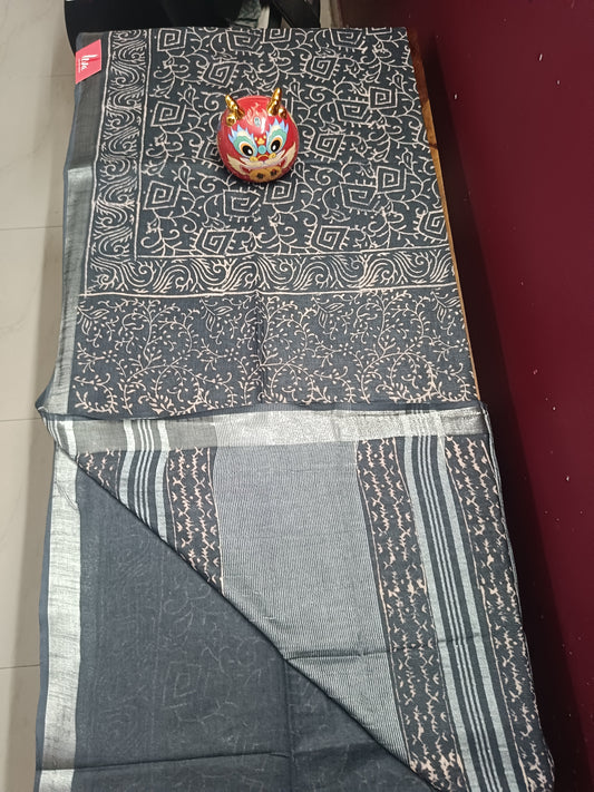 Art Linen Block Print Saree - Black