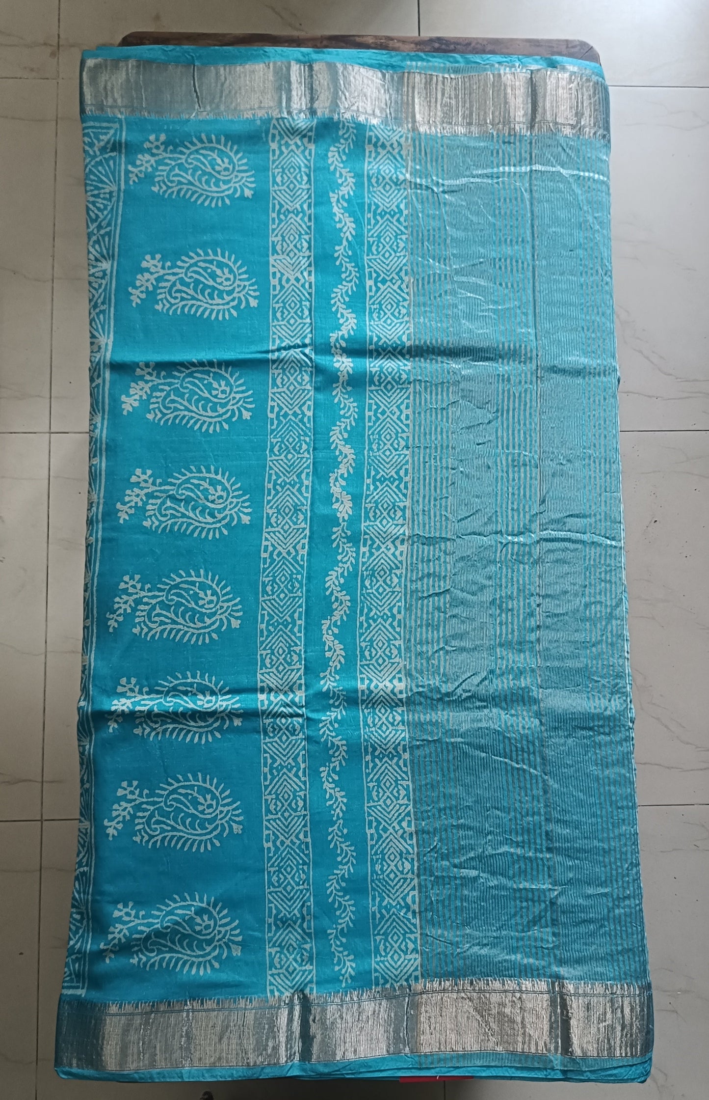 Art Silk Maheshwari Hand Block Print Saree - Sky Blue