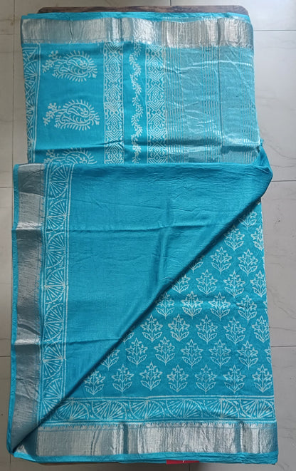 Art Silk Maheshwari Hand Block Print Saree - Sky Blue