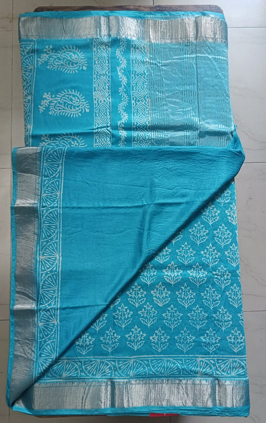 Art Silk Maheshwari Hand Block Print Saree - Sky Blue