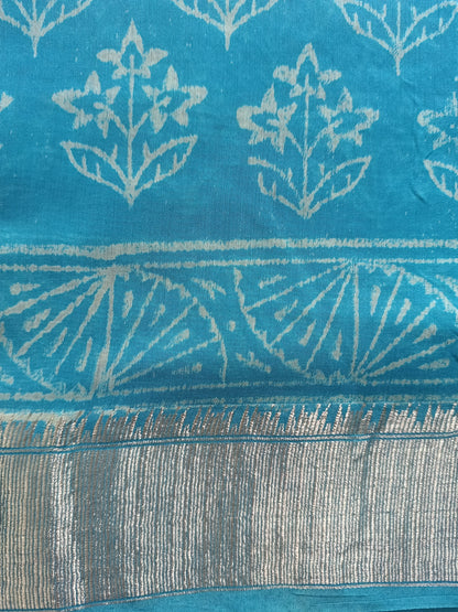 Art Silk Maheshwari Hand Block Print Saree - Sky Blue