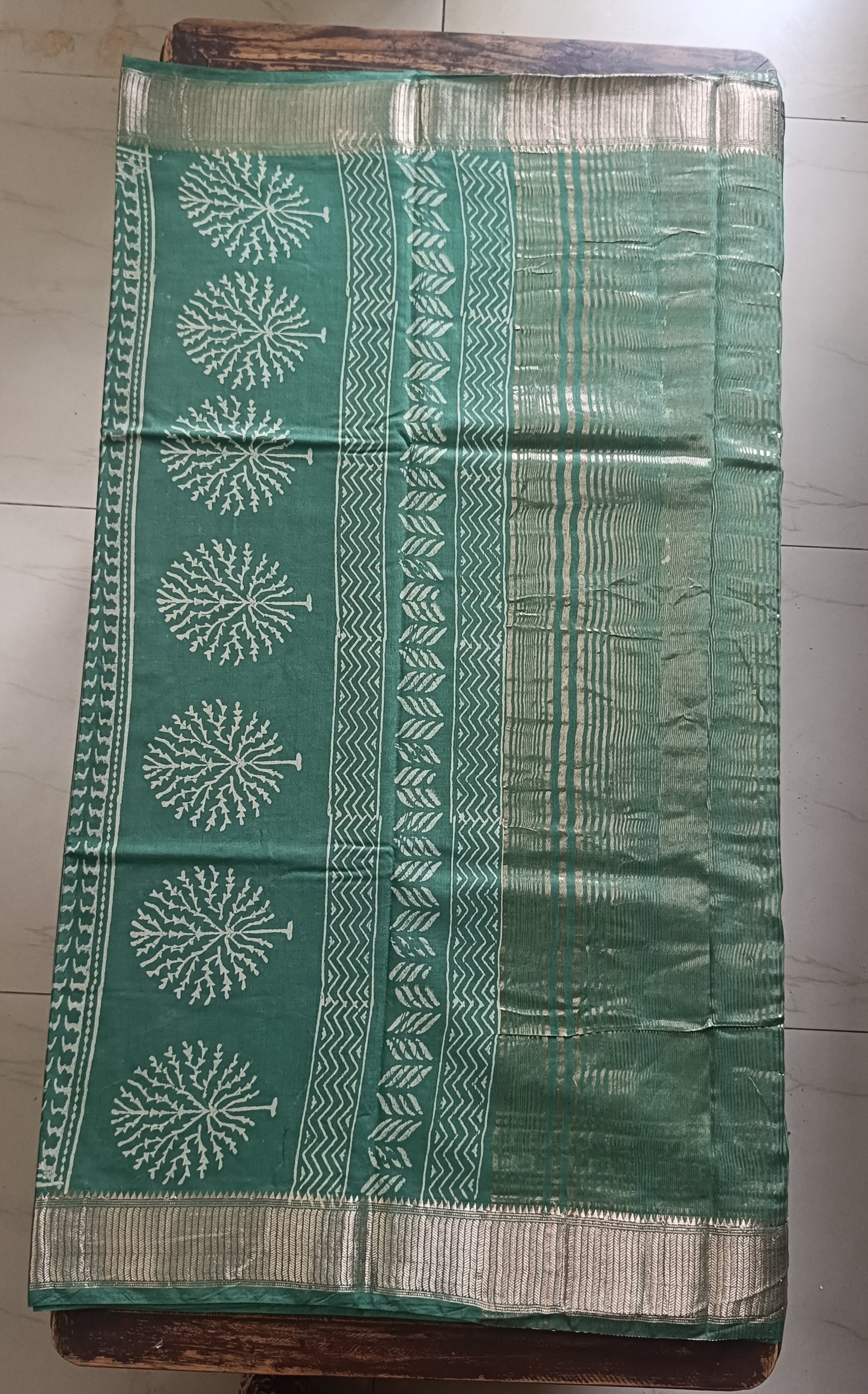Art Silk Maheshwari Hand Block Print Saree - Sea Green