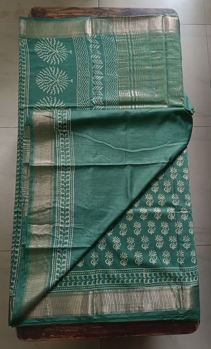 Art Silk Maheshwari Hand Block Print Saree - Sea Green