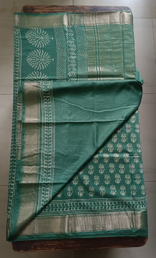 Art Silk Maheshwari Hand Block Print Saree - Sea Green
