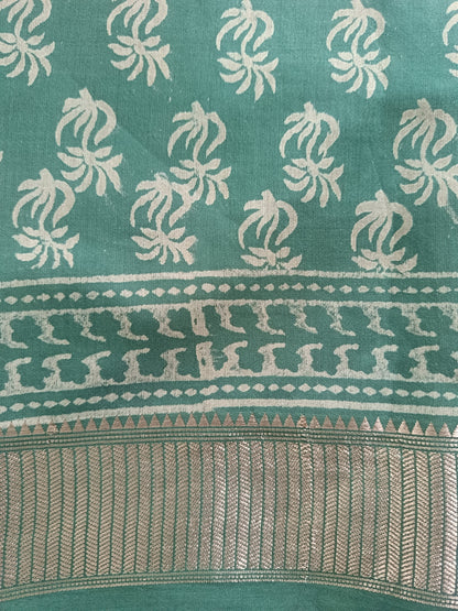 Art Silk Maheshwari Hand Block Print Saree - Sea Green