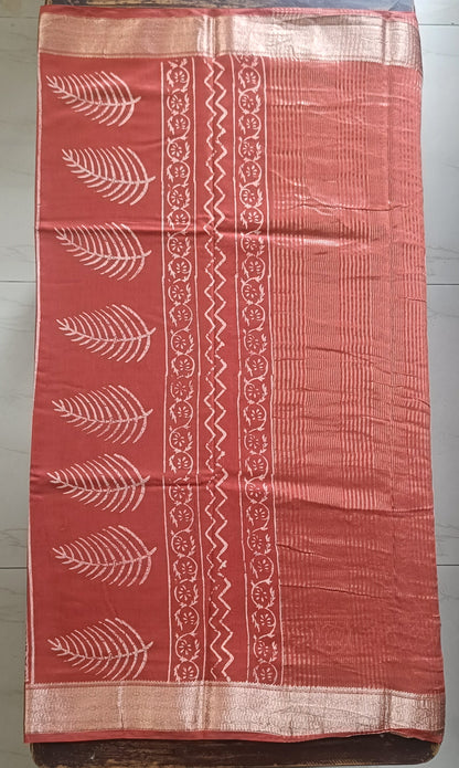 Art Silk Maheshwari Hand Block Print Saree - Rust