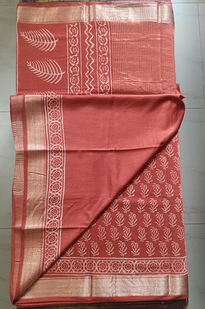 Art Silk Maheshwari Hand Block Print Saree - Rust