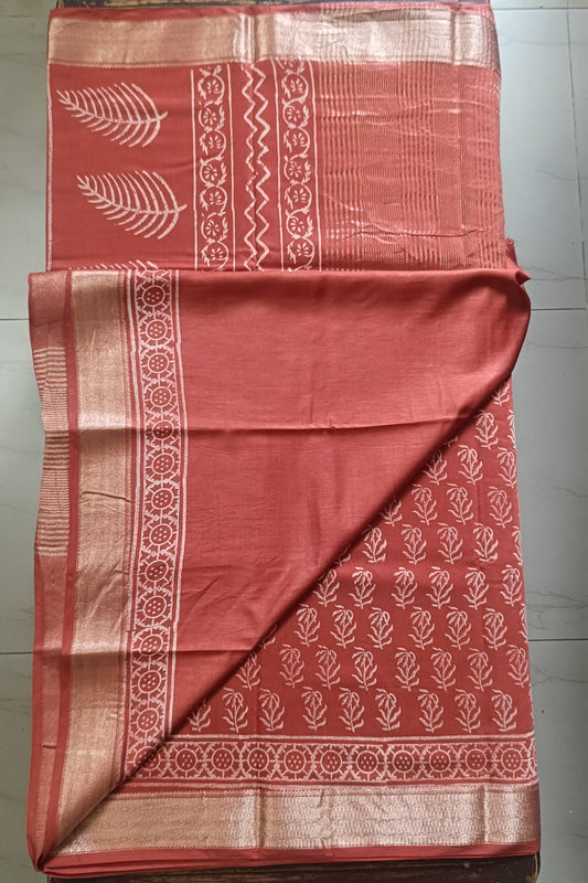 Art Silk Maheshwari Hand Block Print Saree - Rust