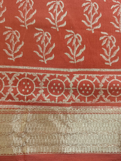 Art Silk Maheshwari Hand Block Print Saree - Rust