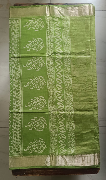 Art Silk Maheshwari Hand Block Print Saree - Light Green