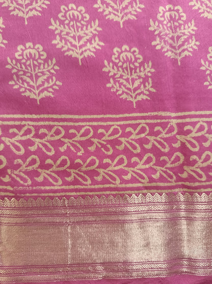 Art Silk Maheshwari Hand Block Print Saree - Pink