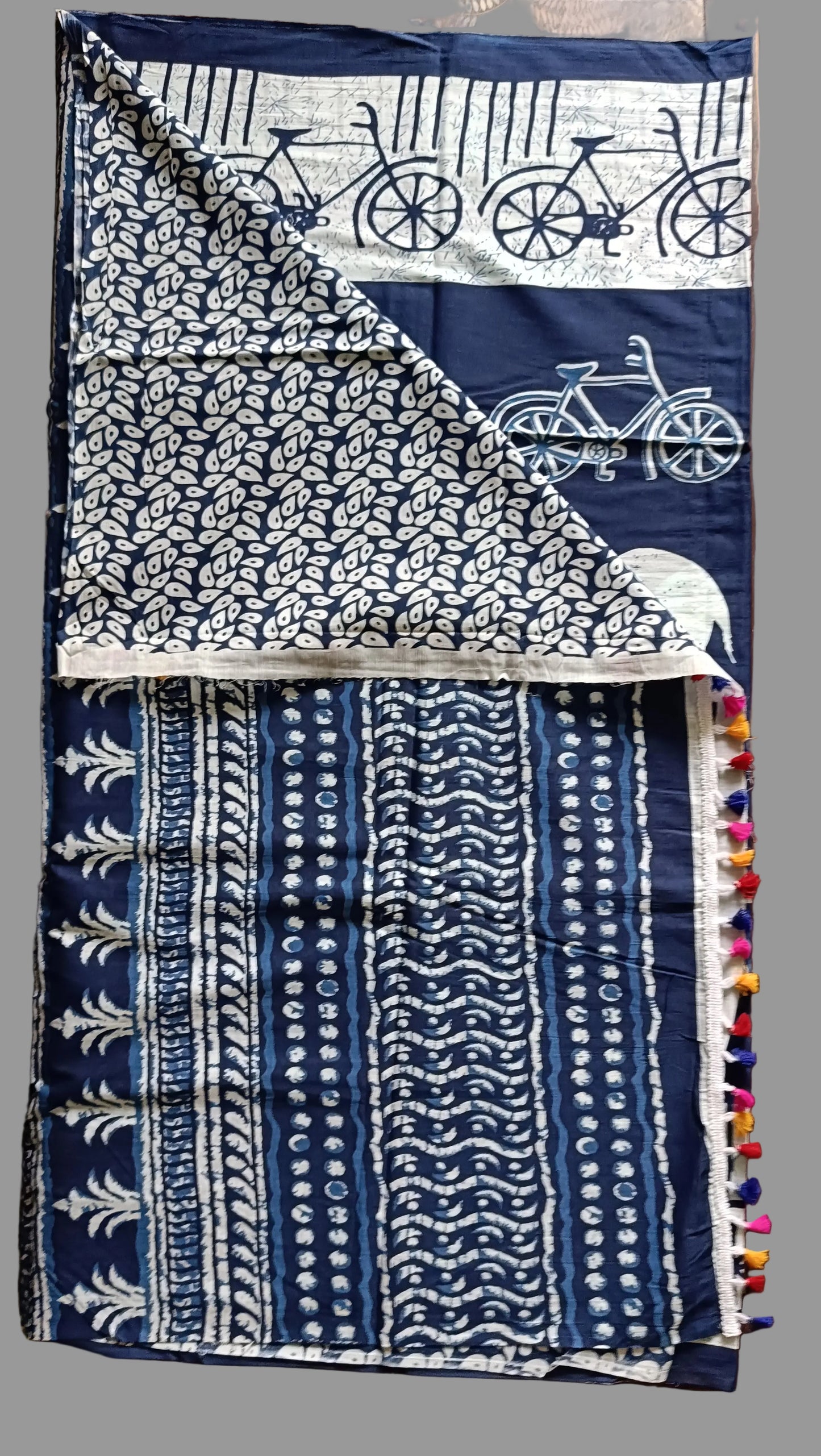 Pure Mulmul Cotton - Hand Block Printed Saree - Bicycle