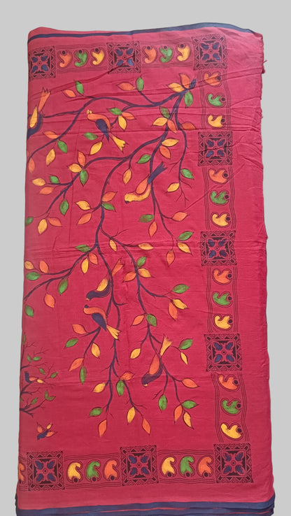 Mulmul Hand Painted Saree - Red