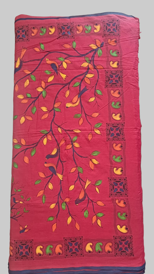 Mulmul Hand Painted Saree - Red