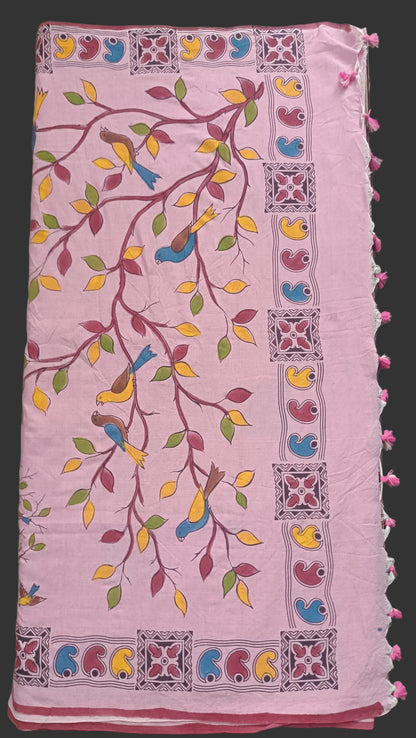 Mulmul Hand Painted Saree - Pink