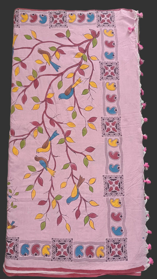 Mulmul Hand Painted Saree - Pink