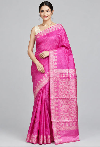 Pure Silk Mill Tussar Saree - Magenta