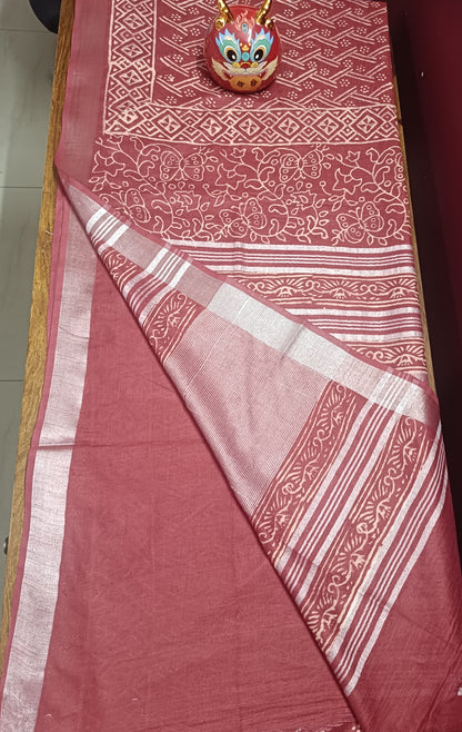 Art Linen Block Print Saree - Red