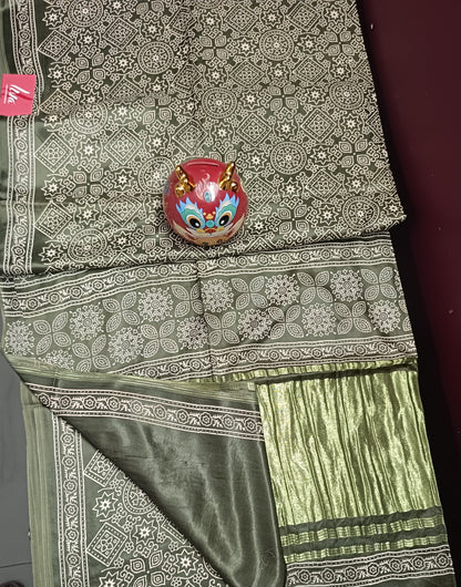 Gajji Silk Lagdi Patta Block Print Saree - Olive