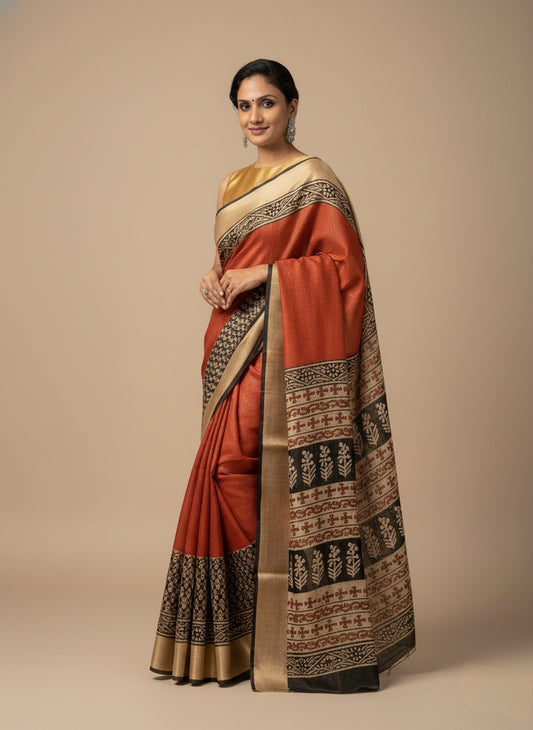 Russian Silk Jacquard Checks Bagru Print Saree - LIVA Fabric