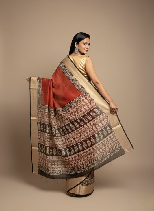 Russian Silk Jacquard Checks Bagru Print Saree - LIVA Fabric