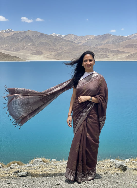 Pure Linen Hand Block Printed Saree - Chocolate
