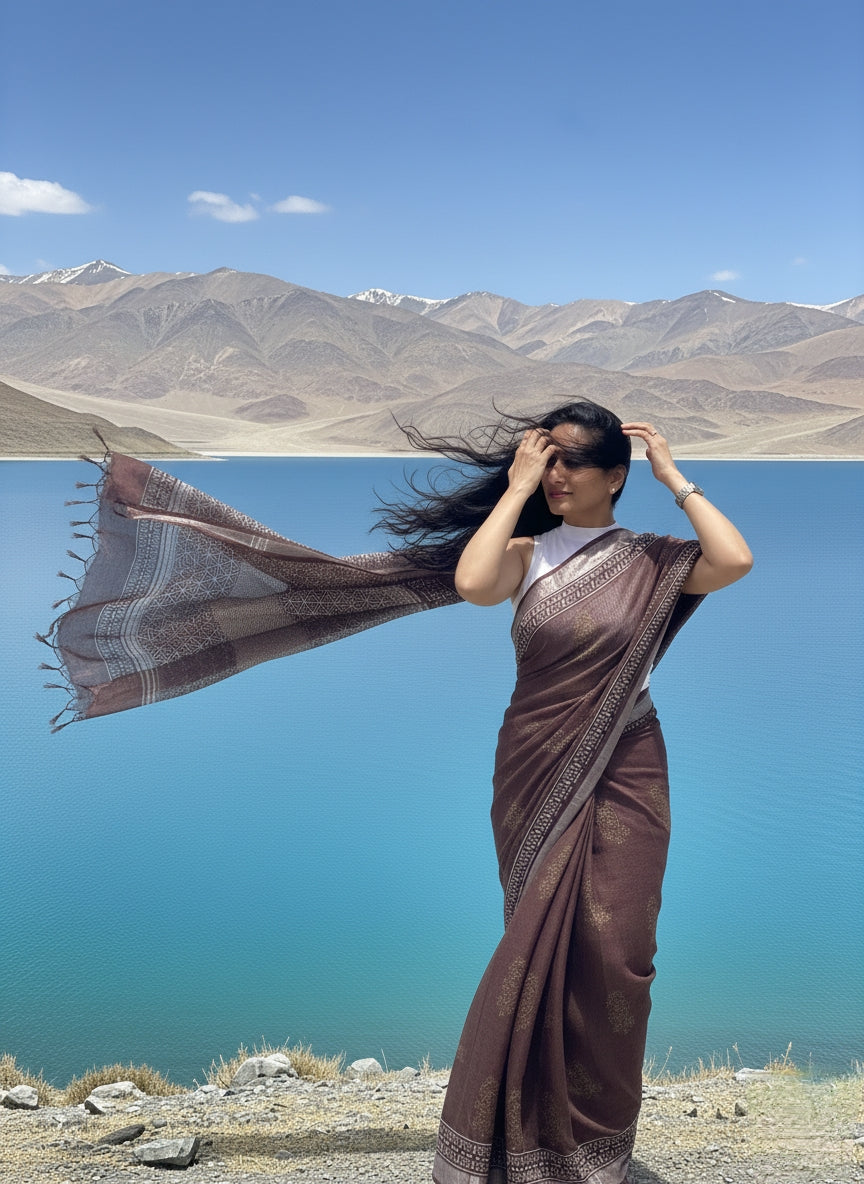 Pure Linen Hand Block Printed Saree - Chocolate