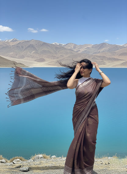 Pure Linen Hand Block Printed Saree - Chocolate